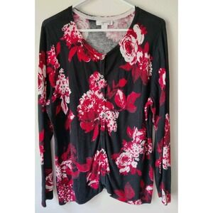 CJ Banks Sweater Women's Plus X Black Red Floral Cardigan Stretch Button‎ Front